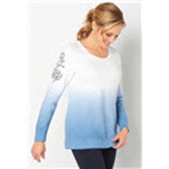 Ombre Blue White Floral Embroidered Sweatshirt Top XL NWT Rose Line Art Tattoo D - Picture 4 of 7